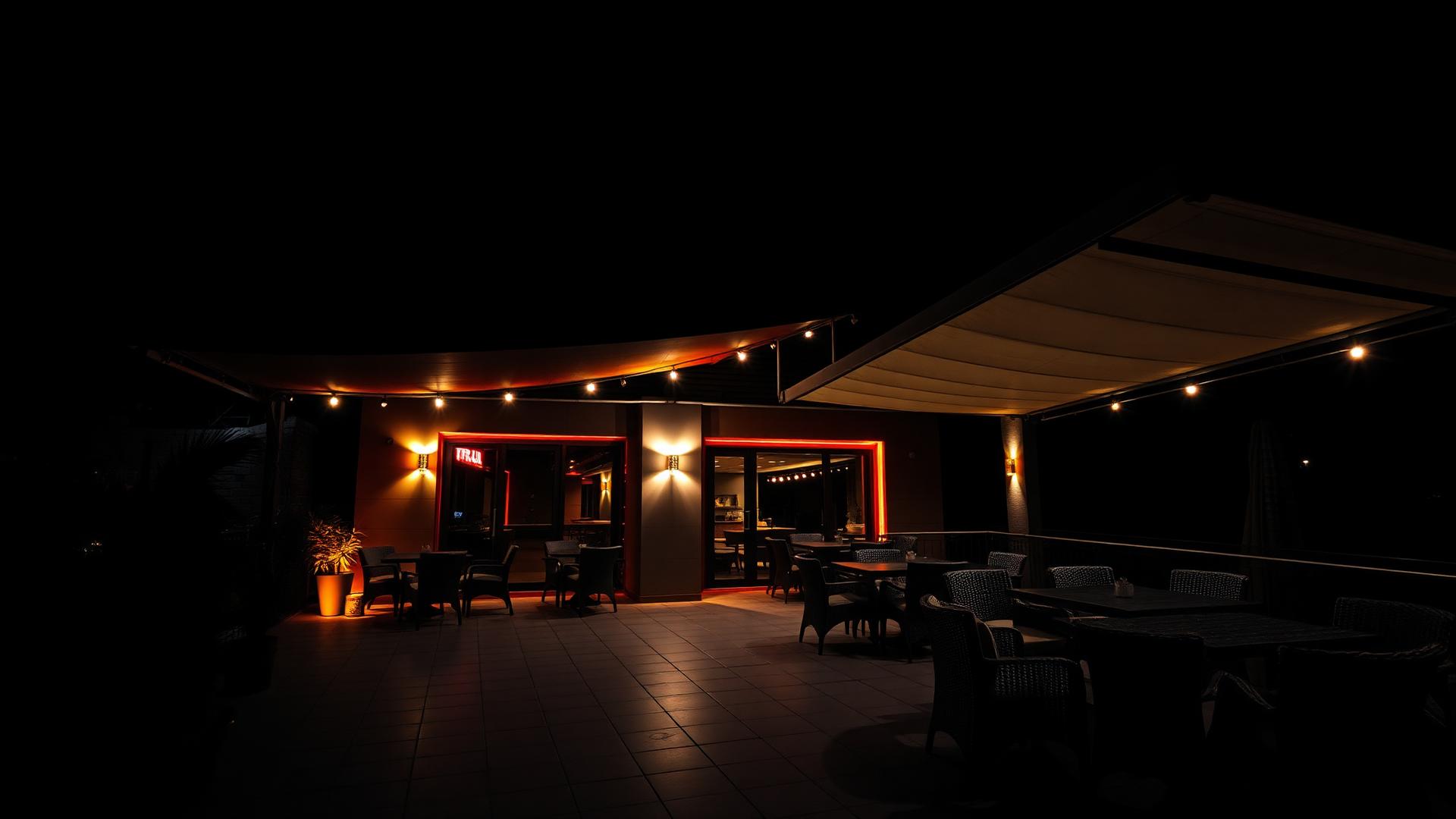 Área externa comercial com toldo iluminado à noite